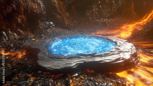 A swirling blue pool contrasts with fiery orange lava in a dark, rocky landscape.