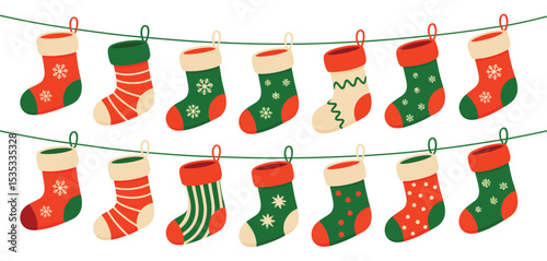 Twelve christmas stockings hanging on a line
