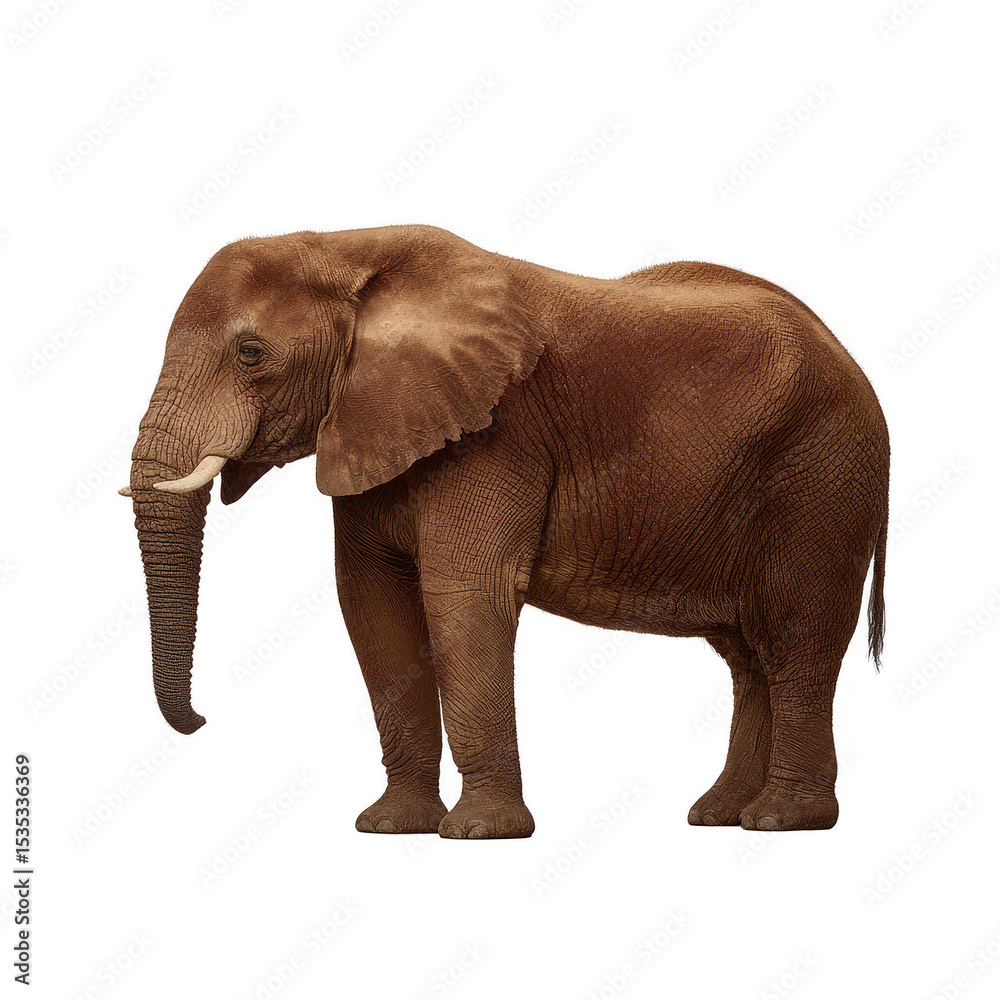 Fototapeta premium A majestic elephant stands proudly, showcasing its distinctive large ears and trunk, symbolizing strength and wisdom, against a clean white isolated background.