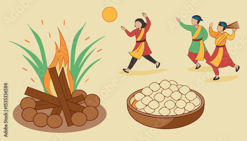 Lohri festival essentials vector, depicting all key elements of this vibrant celebration.                 