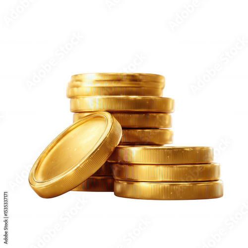 A stack of golden coins isolated on a white background, symbolizing wealth, success, and prosperity in finance or investment themes.