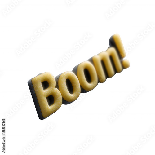 A stylized 3D text graphic that reads 'Boom!' designed for vibrant visual impact. Ideal for creative projects, advertisements, or impactful messaging.