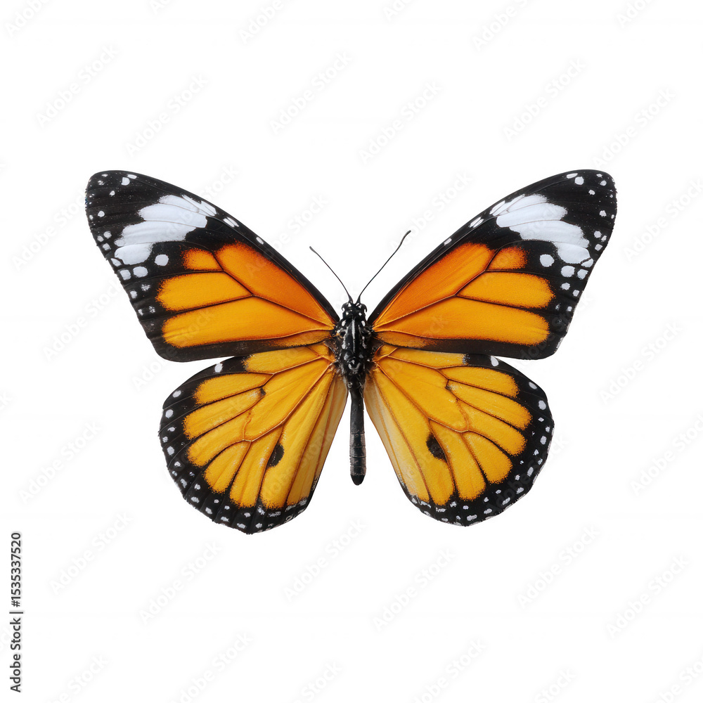 Fototapeta premium A vibrant butterfly with striking orange and black patterns, showcasing its delicate wings against a pristine white background.