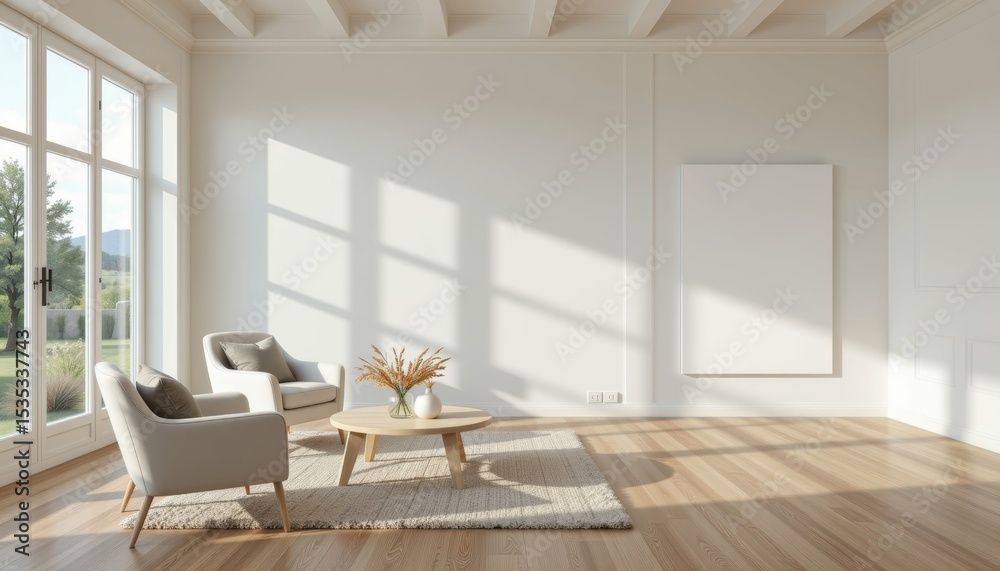 Fototapeta premium Bright White Lounge Interior Modern Home Minimalist Design Natural Light Cozy Atmosphere