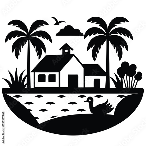 Tranquil Lakeside Schoolhouse Palm Trees, Birds, and Serenity