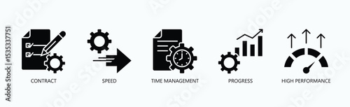 Mastering Efficiency Icon Set Isolated Vector With Icon Of Contract, Speed, Time Management, Progress, High Performance In Glyph Style