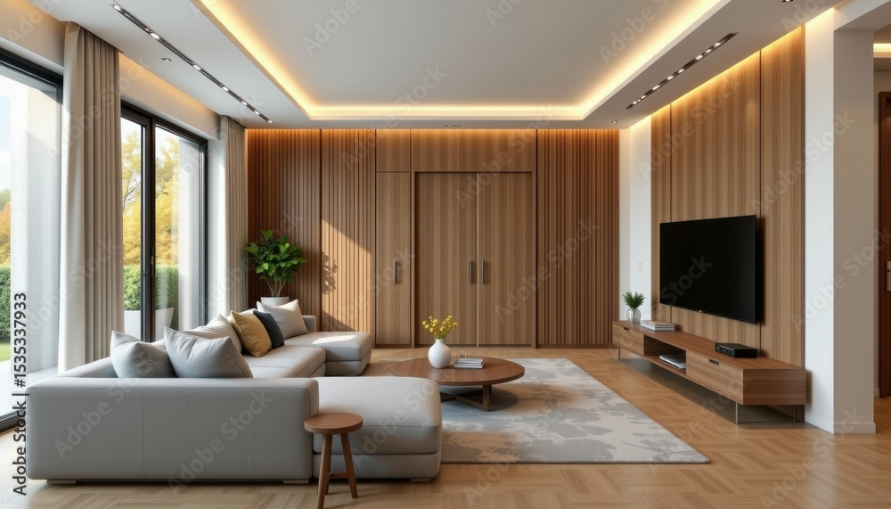 Fototapeta premium Minimalist Living Room Design Modern Home Interior Decor Bright Environment Aesthetic Viewpoint