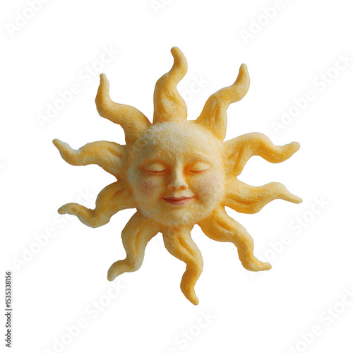 A whimsical sun sculpture with a cheerful face and radiating tendrils, perfect for decorative purposes. Isolated on a white background for clarity and focus.