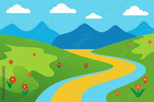Serene Landscape Winding River Through Verdant Hills and Blooming Meadows