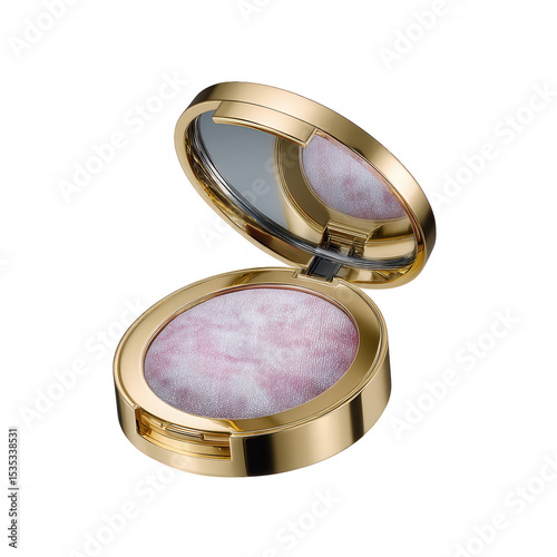 An elegant open makeup compact featuring a shimmering light pink highlighter that enhances skin radiance, set against a clean white background.