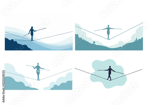 Tightrope walker silhouette in perfect control with pole and soft sky-blue tones on white background