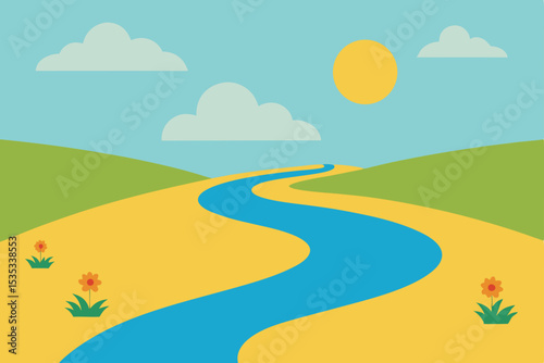 Serene Summer Landscape Winding River, Sunny Sky, and Rolling Hills