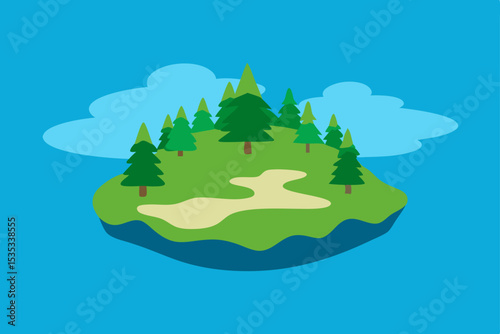 Serene Floating Island A Picturesque Landscape of Evergreen Trees and Lush Greenery
