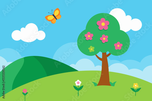 Springtime Meadow Blossoming Tree, Butterfly, and Hillside Landscape Illustration