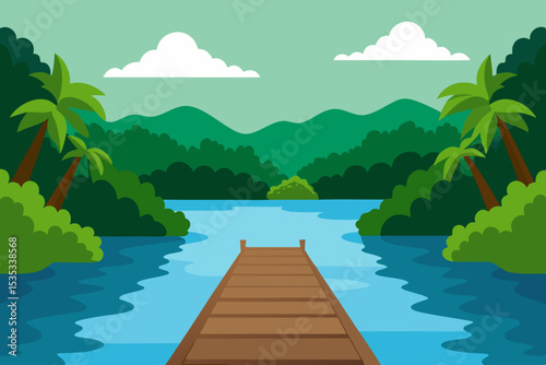 Serene Lakeside Vista Tranquil Tropical Paradise Illustration