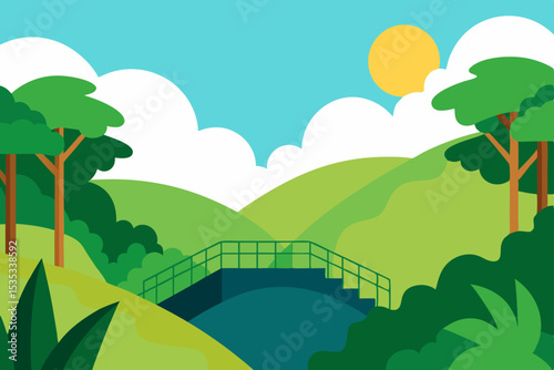 Serene Landscape Picturesque Bridge Over Rolling Hills and Lush Greenery
