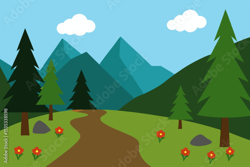 Serene Mountain Trail A Picturesque Landscape Illustration of Winding Path, Majestic Peaks, and Lush Greenery