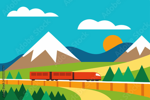 Scenic Train Journey Through Majestic Mountains A Colorful Landscape Illustration
