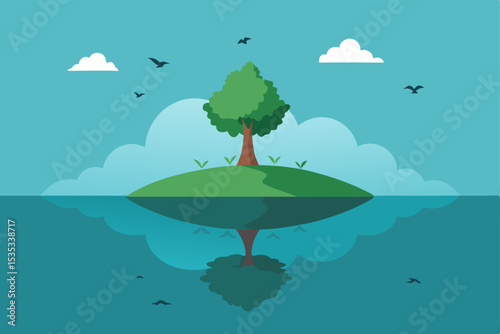 Serene Island Paradise Tranquil Tree, Calm Waters, and Peaceful Reflection