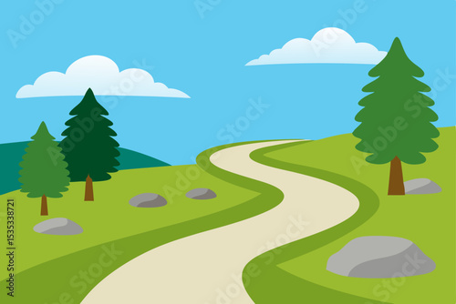 Winding Country Road Scenic Hillside Pathway with Evergreen Trees