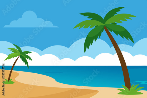 Serene Tropical Beach Scene Palm Trees, Ocean, and Sunny Skies