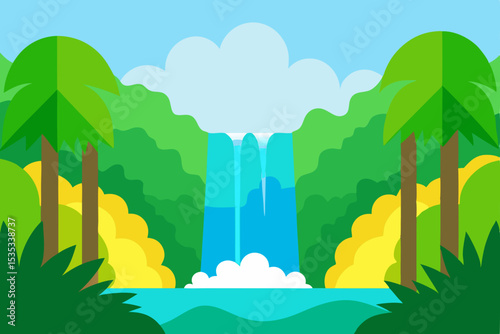 Serene Waterfall Paradise Lush Tropical Landscape Illustration