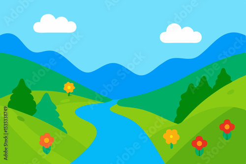 Serene River Valley Landscape Picturesque Mountain View with Blooming Flowers