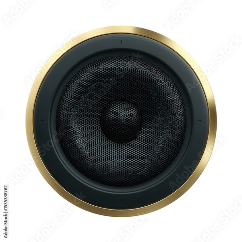 Close-up of a high-quality audio speaker, featuring a black mesh center and sleek gold outer ring, designed for optimal sound performance.
