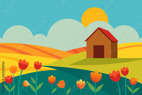 Serene Spring Landscape Rolling Hills, Tulips, and a Cozy Farmhouse