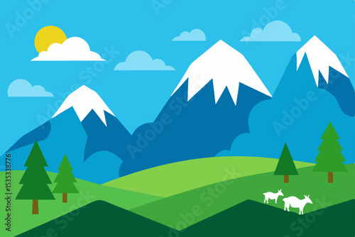 Majestic Mountain Landscape Serene Peaks, Lush Green Valley, and Grazing Goats