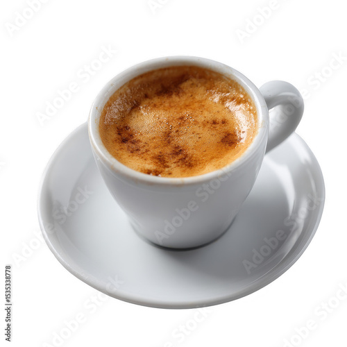 Close-up of a rich espresso coffee in a white cup, sitting on a matching saucer, showcasing its crema and inviting appearance. Perfect for coffee lovers and baristas.