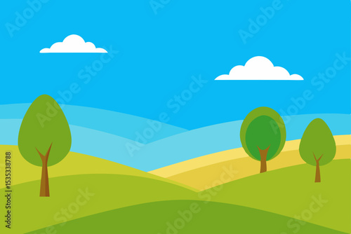 Serene Summer Landscape Rolling Hills, Lush Greenery, and Blue Skies
