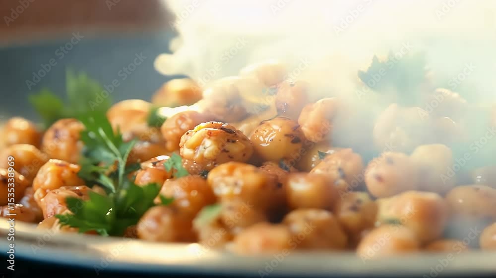 Rustic ceramic plate brims paprika roasted chickpeas glistening beneath b garnish warm candle styled bokeh shaping homely feel delivering culinary channels plant protein campaigns irresistibly cosy K