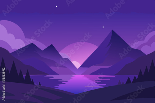 Purple Mountain Majesty Serene Sunset Landscape Illustration