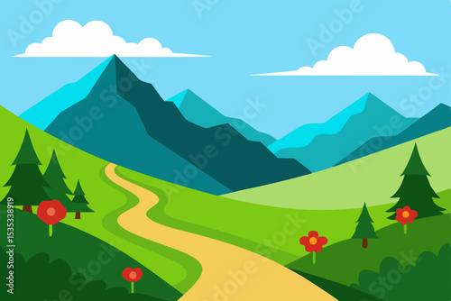 Serene Mountain Vista A Winding Path Through Lush Green Hills and Majestic Peaks