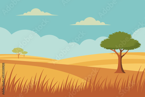 Serene African Savanna Landscape Golden Grasslands Under a Sunny Sky