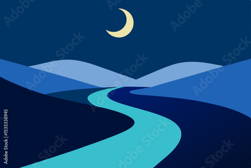 Serene Night Landscape Moonlit River Winding Through Blue Mountains