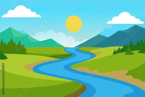 Serene River Landscape Picturesque Mountain Views and Lush Green Fields
