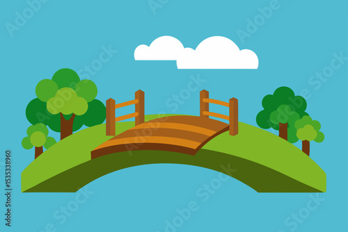 Serene Landscape Wooden Bridge Arching Over Gentle Hill, Lush Trees, and Blue Sky