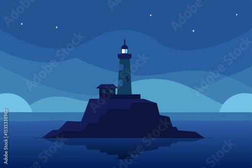 Lighthouse on a Greek island coast, its solitary light piercing the dark sky over the summer sea