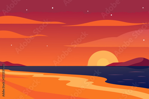 Beautiful orange sunset over the calm sea and beach, with vibrant sky and clouds reflecting the evening light