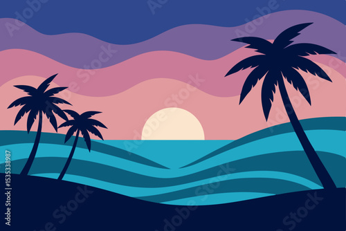 Tropical paradise: palm trees sway on a sun-kissed beach with the ocean waves