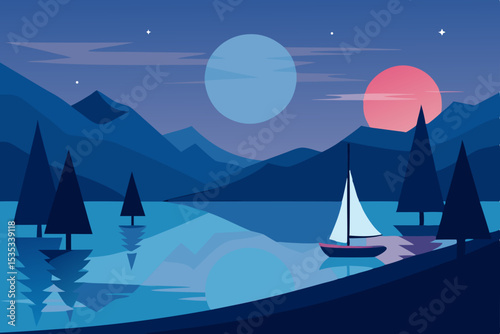 A sailing boat navigates the ocean at night under the moon, its sails catching the light