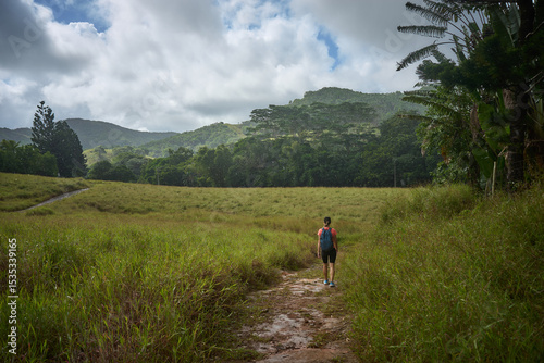 Fotografie Beautiful European woman hiking in La Vallée de Ferney, Mauritius