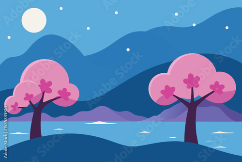 Winter moonlit ocean landscape with a tree, snow, and blue sky
