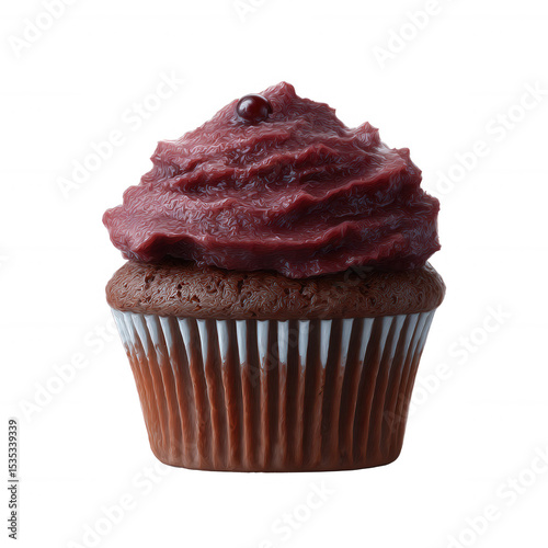 Delicious chocolate cupcake topped with rich, creamy frosting on a white isolated background.