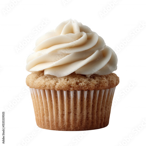 Delicious cupcake with a creamy frosting atop a light cake base, perfect for celebrations or sweet treats, showcasing its delightful texture and enticing appearance.
