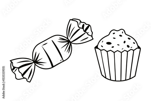 Minimal Dessert Illustration with Candy and Cupcake