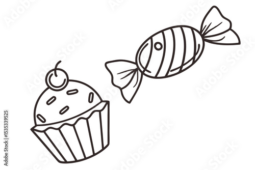 Cute Line Art of Muffin and Candy Duo
