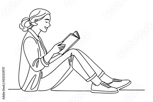 Minimalist Woman Reading Book Line Art